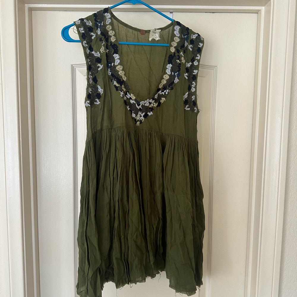 Free People Olive Green Sleeveless Top with Floral Details